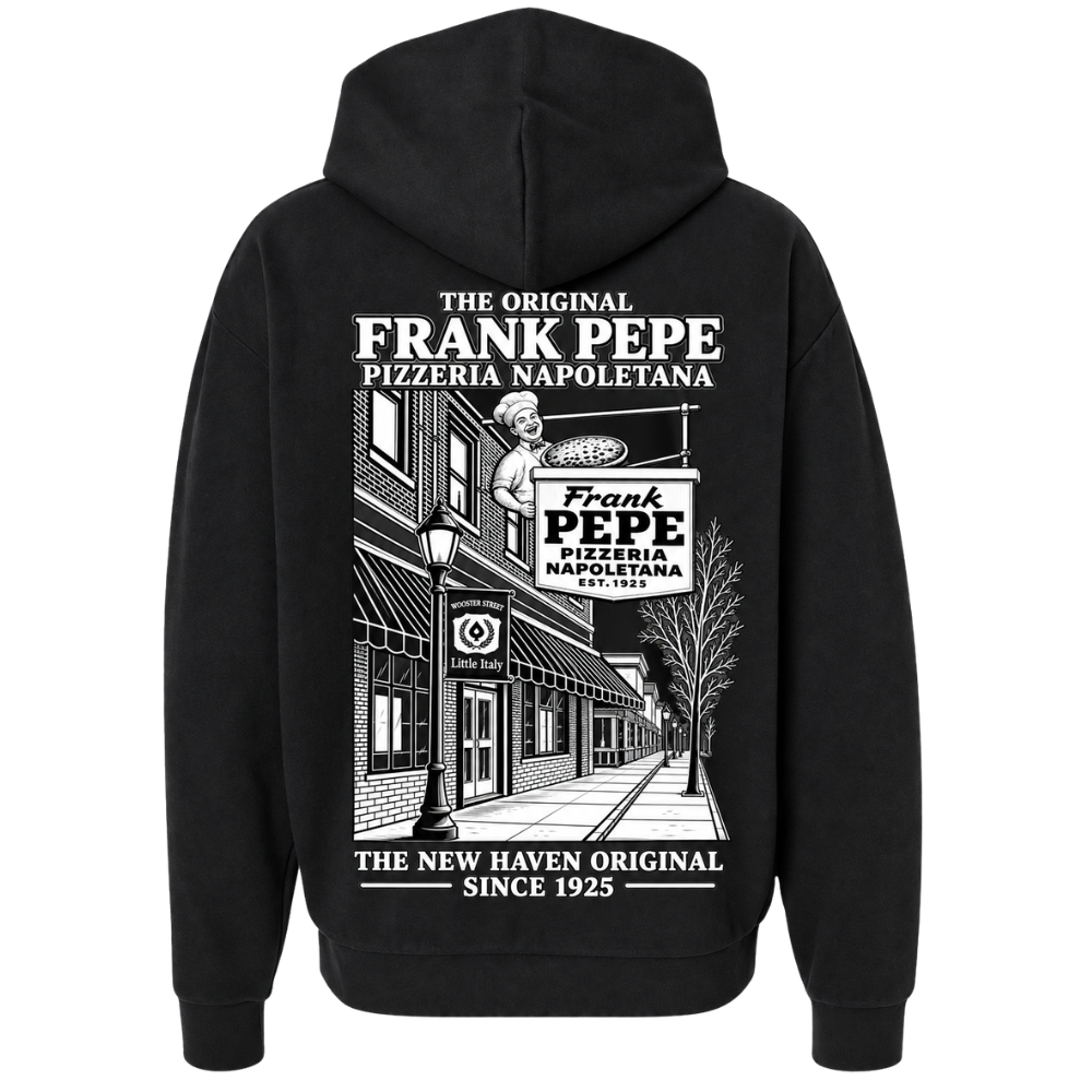 A black pullover hoodie shown from the back, featuring a large white graphic print of a vintage storefront scene with the text 'The Original Frank Pepe Pizzeria Napoletana' and 'The New Haven Original Since 1925'.