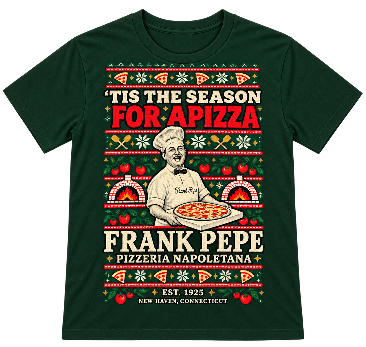 Frank Pepe's Ugly Holiday Sweater Tee-black or dark green