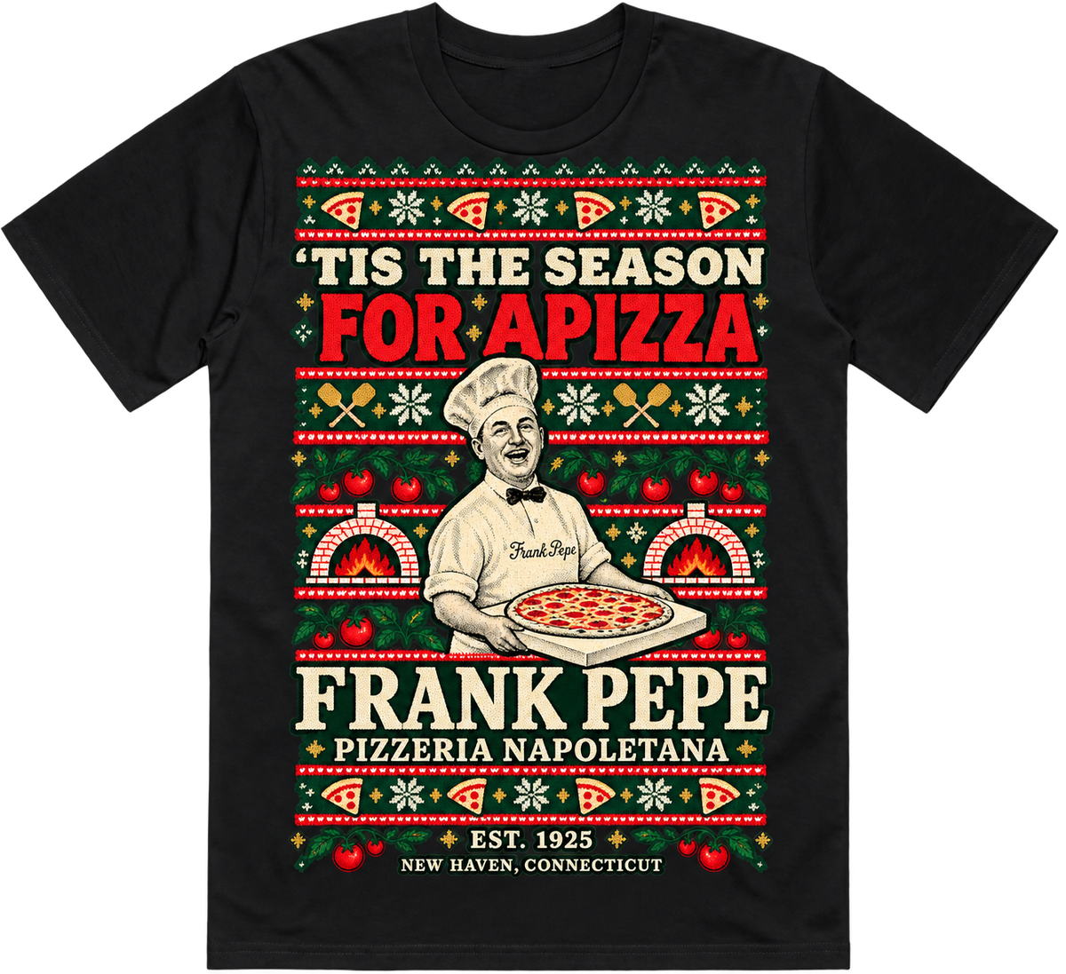 Frank Pepe's Ugly Holiday Sweater Tee-black or dark green