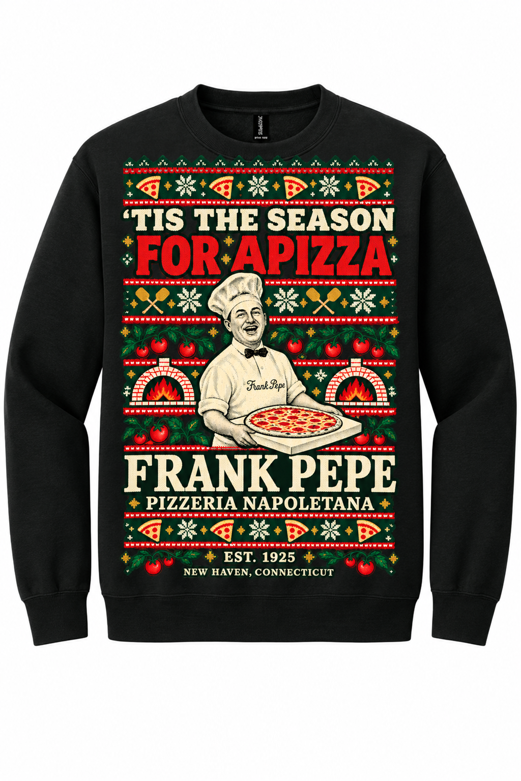 Frank Pepe's Ugly Holiday Sweater Crewneck Sweatshirt-black or dark green