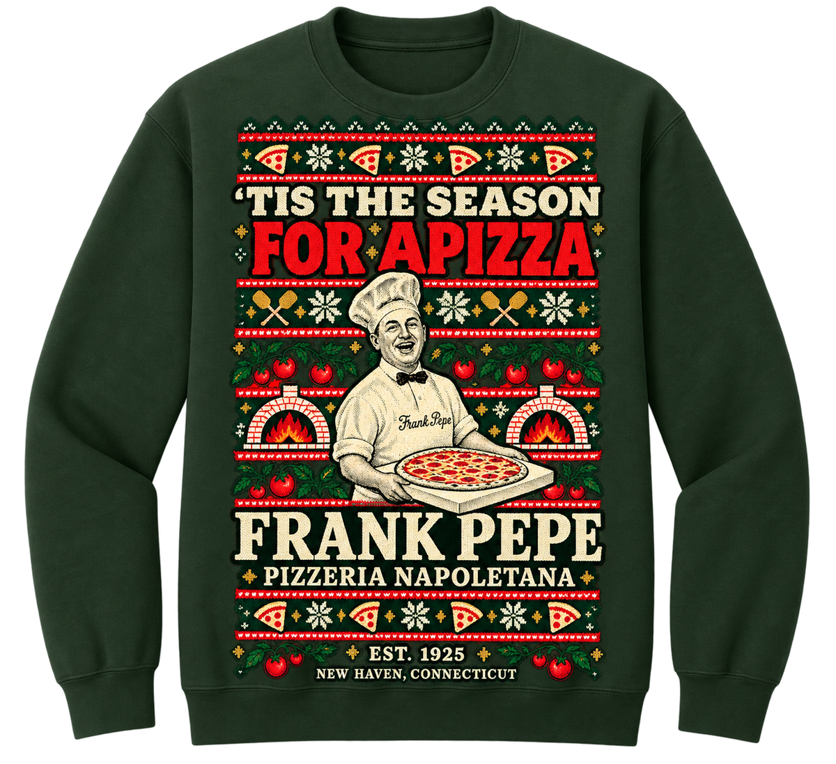 Frank Pepe's Ugly Holiday Sweater Crewneck Sweatshirt-black or dark green
